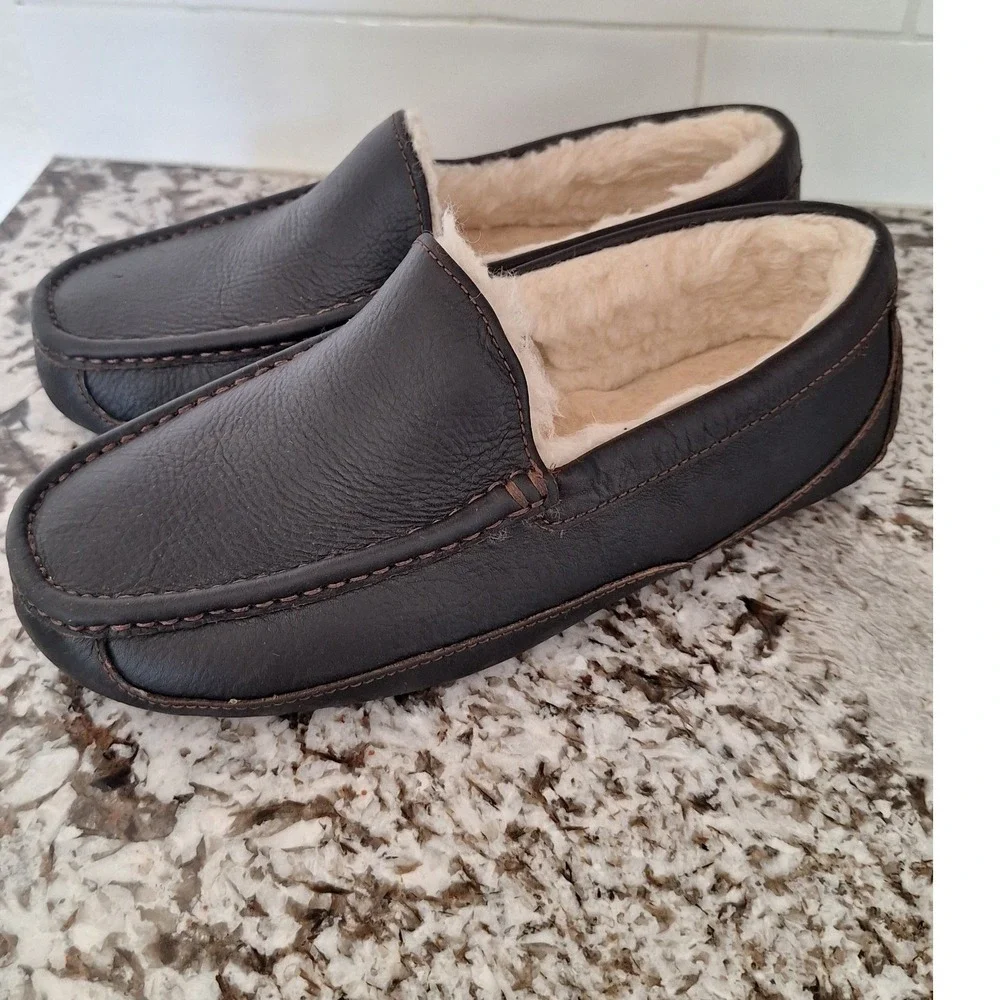 UGG Ascot Leather Casual Foam Footbed Wool Blend‎ Slippers 7EEE Brown Slip On